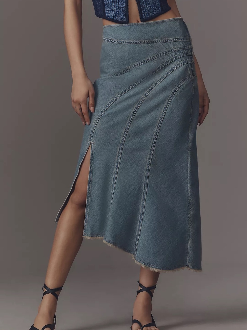 Pilcro Dusty Blue Denim Paneled Midi Skirt with Side Slit